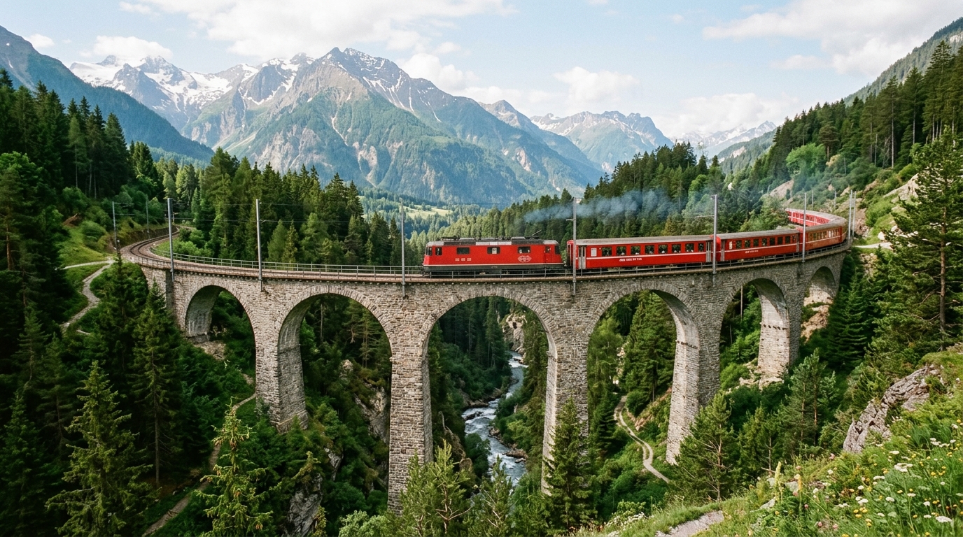 Roter Zug der Rhätischen Bahn auf dem Landwasserviadukt